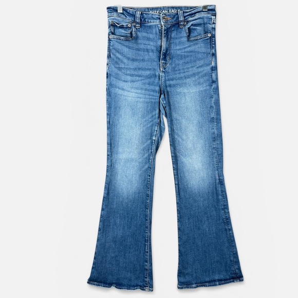 American Eagle Super Hi-Rise Flare Jeans Womens 8 Blue Stretch Denim Medium Wash - Picture 2 of 15